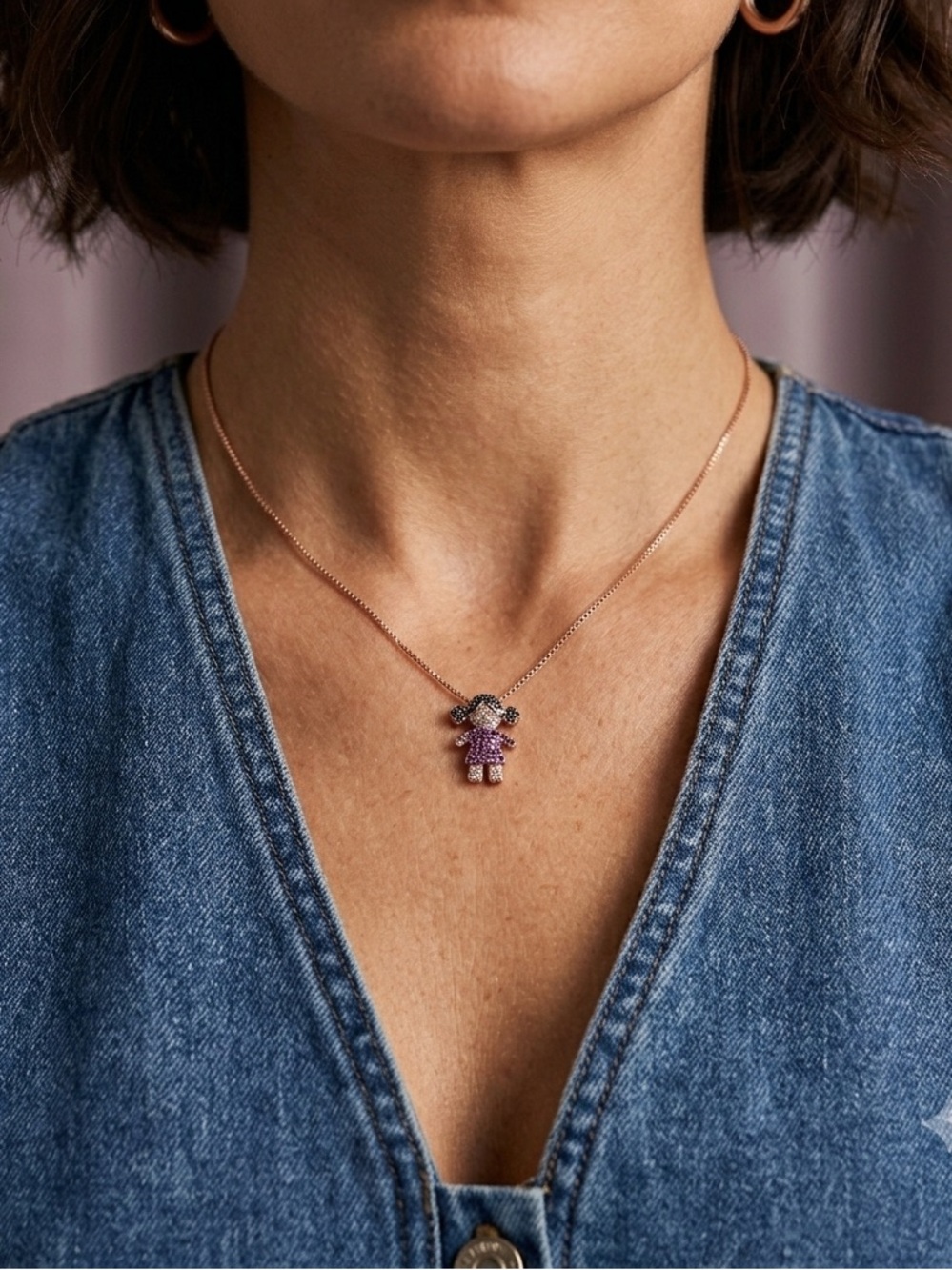 Cubic Zirconia Girl Pendant | Kids Charm Necklace | Mom Gift | Rose Gold